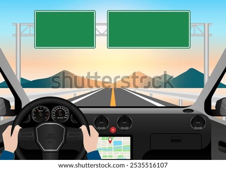 Man Driving Inside a Car. Driver's View from Inside a Car. Car Interior with Steering Wheel and Car Dashboard. Vector Illustration.