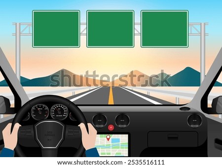 Man Driving Inside a Car. Driver's View from Inside a Car. Car Interior with Steering Wheel and Car Dashboard. Vector Illustration.