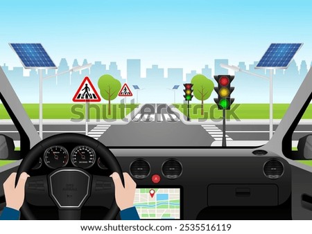 Man Driving Inside a Car. Driver's View from Inside a Car. Car Interior with Steering Wheel and Car Dashboard. Vector Illustration.