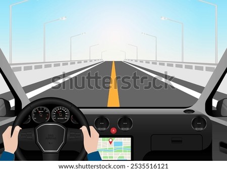 Man Driving Inside a Car. Driver's View from Inside a Car. Car Interior with Steering Wheel and Car Dashboard. Vector Illustration.