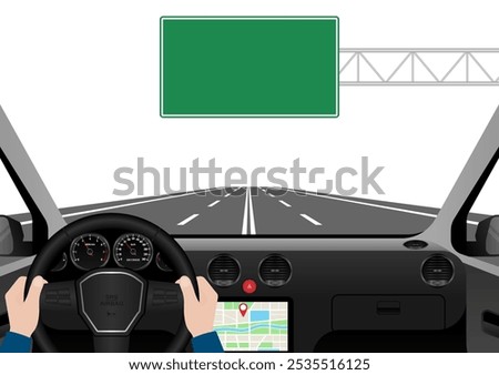 Man Driving Inside a Car. Driver's View from Inside a Car. Car Interior with Steering Wheel and Car Dashboard. Vector Illustration.