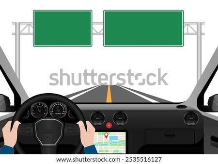 Man Driving Inside a Car. Driver's View from Inside a Car. Car Interior with Steering Wheel and Car Dashboard. Vector Illustration.