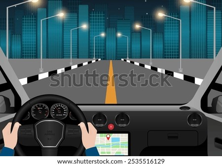 Man Driving Inside a Car. Driver's View from Inside a Car. Car Interior with Steering Wheel and Car Dashboard. Vector Illustration.