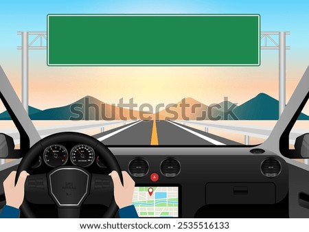 Man Driving Inside a Car. Driver's View from Inside a Car. Car Interior with Steering Wheel and Car Dashboard. Vector Illustration.