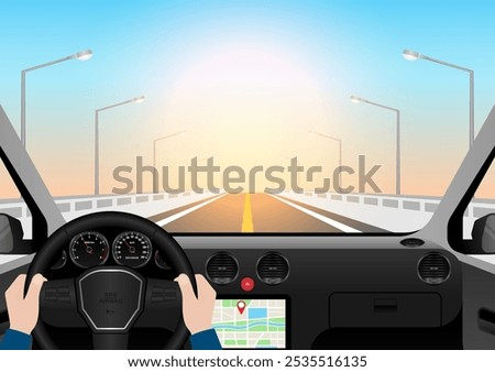 Man Driving Inside a Car. Driver's View from Inside a Car. Car Interior with Steering Wheel and Car Dashboard. Vector Illustration.