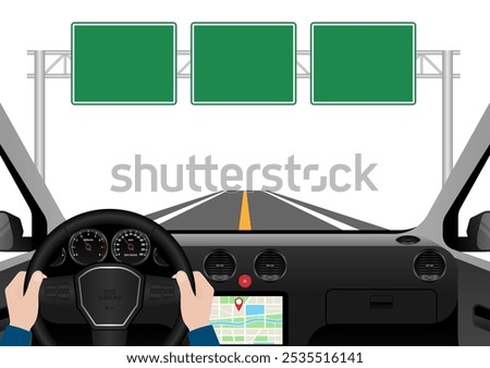 Man Driving Inside a Car. Driver's View from Inside a Car. Car Interior with Steering Wheel and Car Dashboard. Vector Illustration.