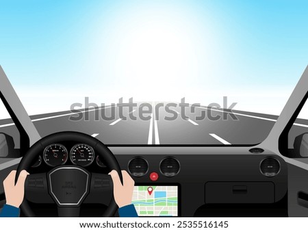 Man Driving Inside a Car. Driver's View from Inside a Car. Car Interior with Steering Wheel and Car Dashboard. Vector Illustration.