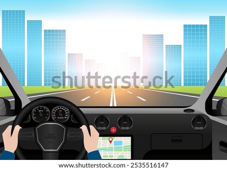 Man Driving Inside a Car. Driver's View from Inside a Car. Car Interior with Steering Wheel and Car Dashboard. Vector Illustration.