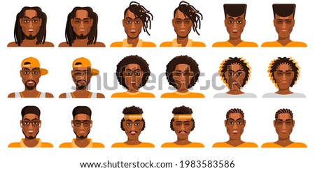 Mega collection of surprised and satisfied black afro American men avatars. Vector illustration.