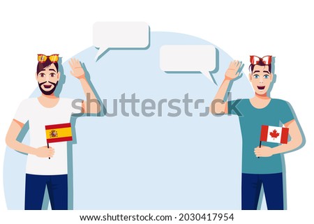 Men with Spanish and Canadian flags. The concept of international communication, education, sports, travel, business. Dialogue between Spain and Canada. Vector illustration.