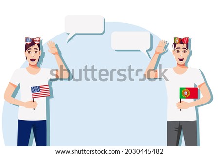 Men with American and Portuguese flags. Background for the text. The concept of sports, political, education, travel and business relations between the USA and Portugal. Vector illustration.