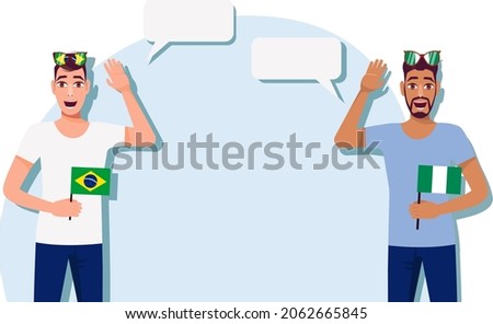Men with Brazilian and Nigerian flags. Background for the text. The concept of sports, political, education, travel and business relations between Brazil and Nigeria. Vector illustration. Foto stock © 