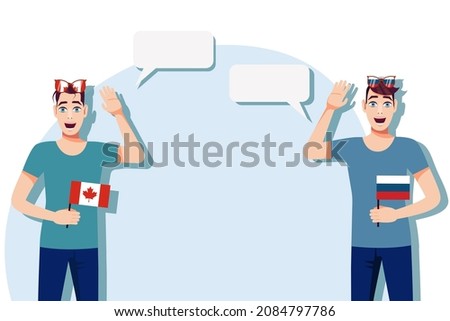 Men with Canadian and Russian flags. The concept of international communication, education, sports, travel, business. Dialogue between Canada and Russia. Vector illustration.