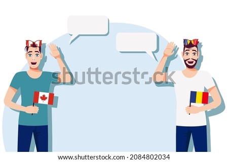 Men with Canadian and Romanian flags. Background for text. Communication between native speakers of Canada and Romania. Vector illustration.