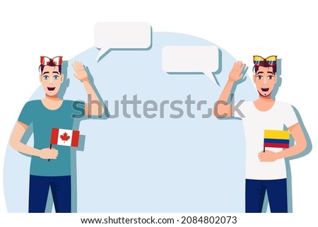Men with Canadian and Colombian flags. Background for text. Communication between native speakers of Canada and Colombia. Vector illustration.