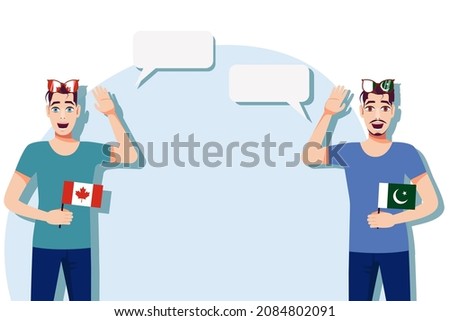 Men with Canadian and Pakistani flags. Background for text. Communication between native speakers of Canada and Pakistan. Vector illustration.