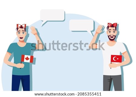 Men with Canadian and Turkish flags. The concept of international communication, education, sports, travel, business. Dialogue between Canada and Turkey. Vector illustration.