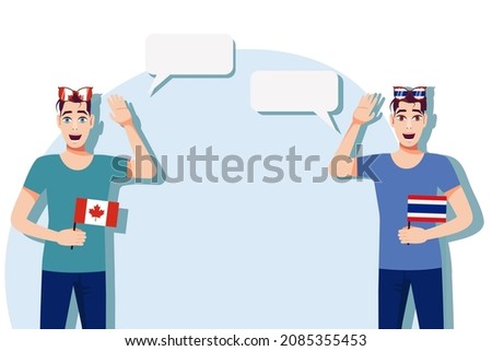 The concept of international communication, sports, education, business between Canada and Thailand. Men with Canadian and Thai flags. Vector illustration.