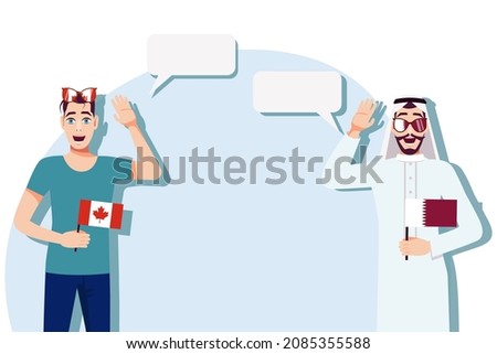 Vector illustration of people speaking the languages of Canada and Qatar. Illustration of translation, transcription and dialogue between Canada and Qatar.