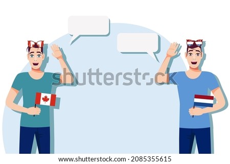 Men with Canadian and Dutch flags. Background for text. Communication between native speakers of Canada and the Netherlands. Vector illustration.
