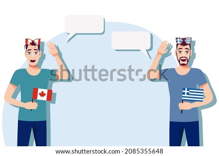 Men with Canadian and Greek flags. Background for the text. The concept of sports, political, education, travel and business relations between Canada and Greece. Vector illustration.