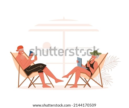 Elderly man and woman are relaxing on the beach in sun loungers. Recreation and entertainment for pensioners. Flat vector illustration.