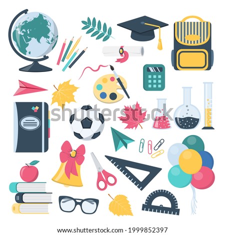 School elements collection in cartoon style.  Education objects, equipment for teachers and children: backpack, diploma, pencils, test tubes, globe, books, palette, brush, rulers, etc. Vector