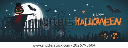 Halloween banner concept with full moon in the night sky, spider web, scary pumpkin, jack o'lantern scarecrow and bats. Halloween background. Happy Halloween text. Vector flat design illustration