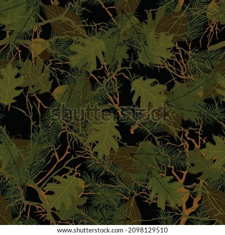 Forest camouflage. Tree branches, leaves, acorns, Christmas trees. Pattern for clothing, various products.