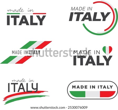 Set of 6 vector set of Made in Italy round label, badge, bundle, symbol illustration design. Made in italy logo design.	