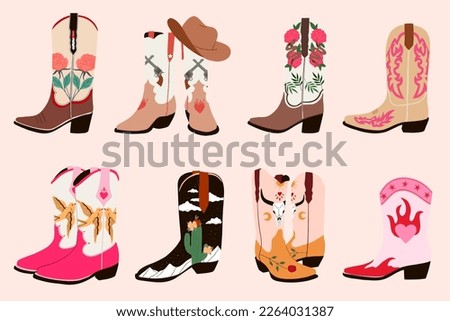 Set of cowboy boots with different ornaments. Wild West fashion style. Cartoon flat illustrations. Hand drawn vector set