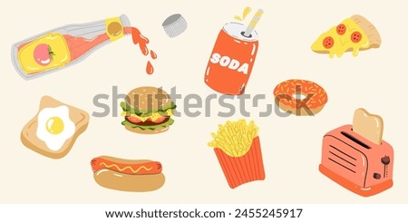 Collection of various fast food. Junk Meals Collection. Pizza, burger, soda, hot dog, french fries, toast with egg, tomato paste, donut. Perfect for menu or food package design. Cartoon cute hand draw