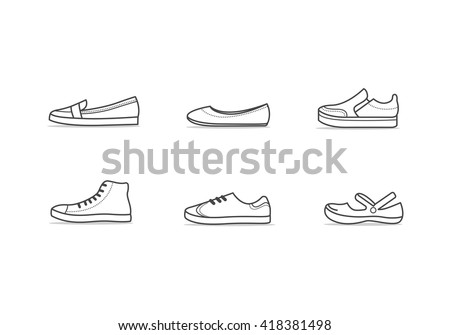 Set of different types of footwear. Six icons kinds of shoes . Outline black and white signs. Vector illustration of woman sport and comfort shoes.  Сток-фото © 