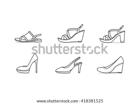 Set of different types of footwear. Six icons kinds of shoes . Outline black and white signs. Vector illustration of woman summer and classic shoes Сток-фото © 