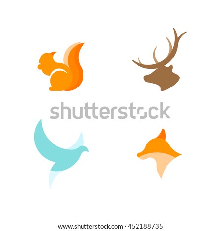 Red squirrel, dove, fox and deer silhouette logos. Carroty squirrel geometric logo. World peace. Flying dove geometric logo.