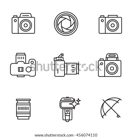 Vector icon set for camerist.  Elements for photographer logos. Modern line art style.  Black and white.