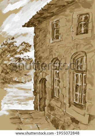 Fragment of the wall of an old stone mansion in perspective with windows and an entrance. Monochrome, grisaille, sepia, etude.