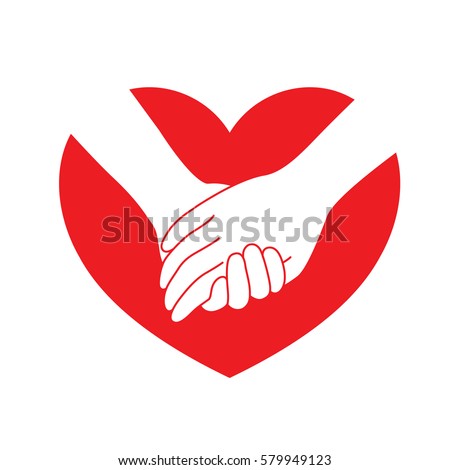 Holding hands on red heart. icon design in flat style. concept  of supporting, vector illustration.