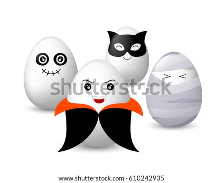 Funny egg characters set. horror illustration concept, dracula, ghost, black cat and mummy isolated on white background.