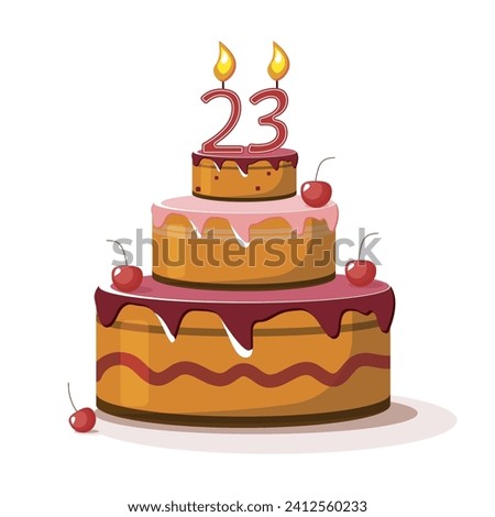 Twenty three year anniversary. Vector birthday cake. Holiday cake with candle.  Big chocolate cake. Twenty three  year old. Twenty three party. Big delicius cake.