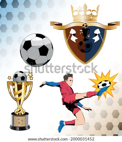 A soccer related clipart set containing a symbol of soccer competition | football competition, crown, gold world cup, ball, male soccer football player kicking a soccer ball, performing a jump kick.