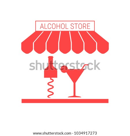 Alcohol Store, Liquor Shop, Bar Single Flat Vector Icon. Striped Awning and Signboard. A Series of Shop Icons.