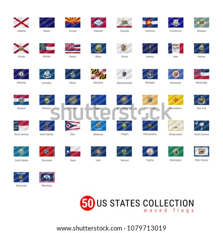 50 US States Vector Flag Set. Official Vector Flags of All 50 States. US States Waved Flags with Names.