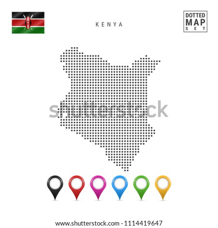 Dotted Map of Kenya. Simple Silhouette of Kenya. The National Flag of Kenya. Set of Multicolored Map Markers. Vector Illustration Isolated on White Background.