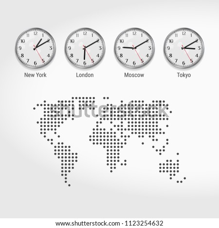 World Time Zones Clocks. Current Time in Famous Cities. Stock Exchange Clocks. New York, London, Moscow and Tokyo. Local Time Around the World. Dotted Map of the World. Vector Illustration