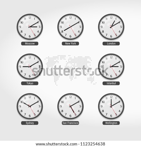 World Time Clocks. Current Time in Famous World Cities. Hotel or Stock Exchange Wall Clocks. Local Time Around the World. World Dotted Map on Background. Realistic Vector Illustration