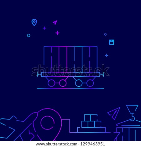 Railway Car, Container Vector Line Icon. Well Car, Rail Freight Gradient Symbol, Pictogram, Sign. Dark Blue Background. Light Abstract Geometric Background. Related Bottom Border