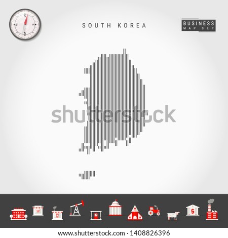 Vector Vertical Lines Pattern Map of South Korea. Striped Simple Silhouette of South Korea. Realistic Vector Compass. Business Infographic Icons.