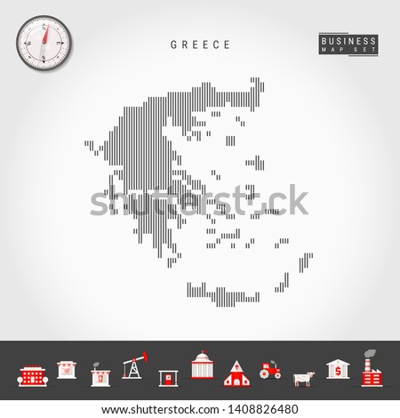 Vector Vertical Lines Pattern Map of Greece. Striped Simple Silhouette of Greece. Realistic Vector Compass. Business Infographic Icons.