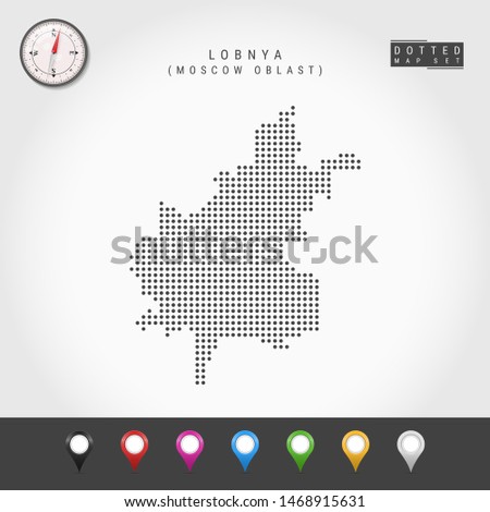 Dots Map of Lobnya, Moscow Oblast. Simple Silhouette of Lobnya. Compass. Multicolored Map Markers. Illustration. Сток-фото © 